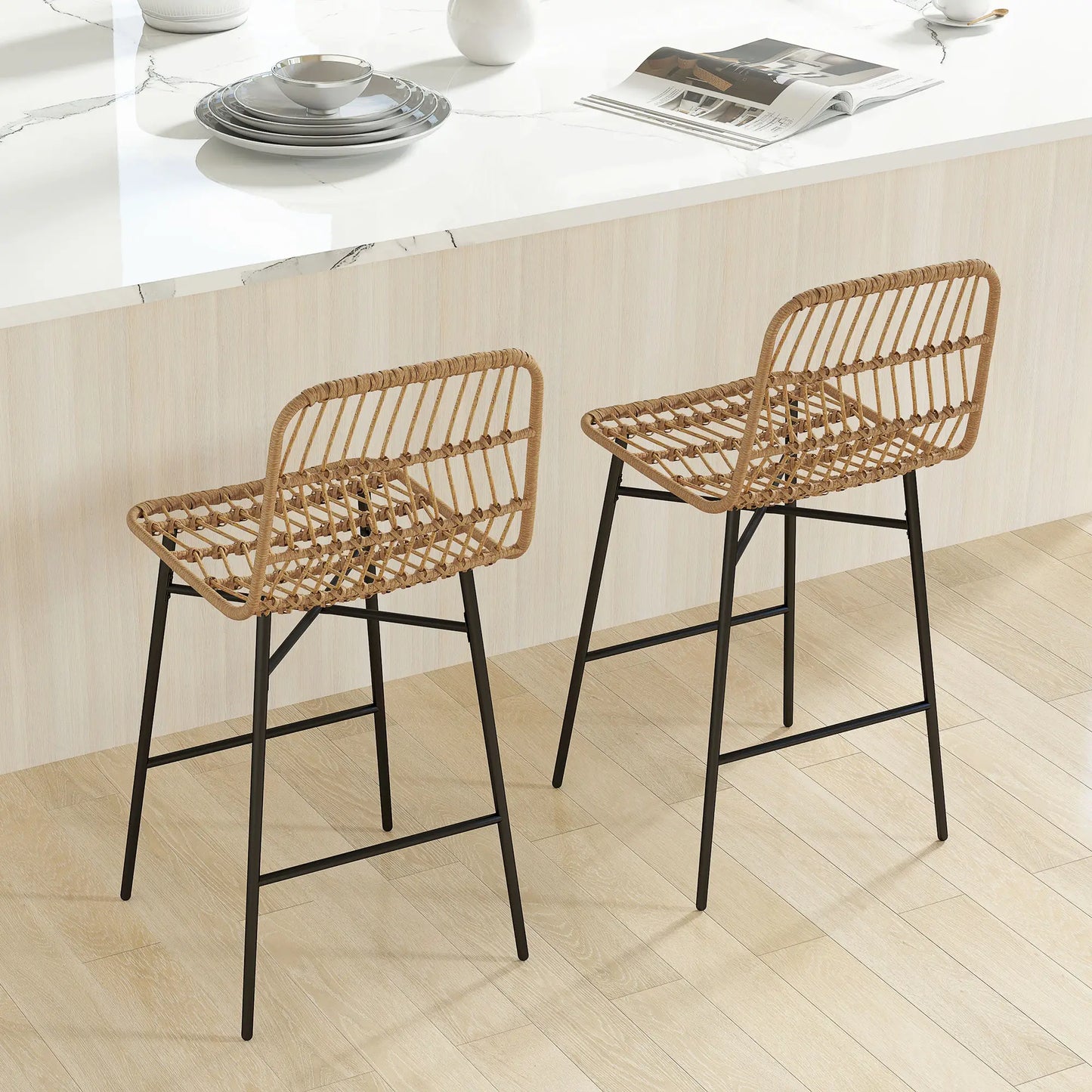 Rattan Counter Height Bar Stools Set of 2, 26" Counter Stools with Back, Modern Bar Chairs for Kitchen Island, Brown Bar Stools at Gallery Canada