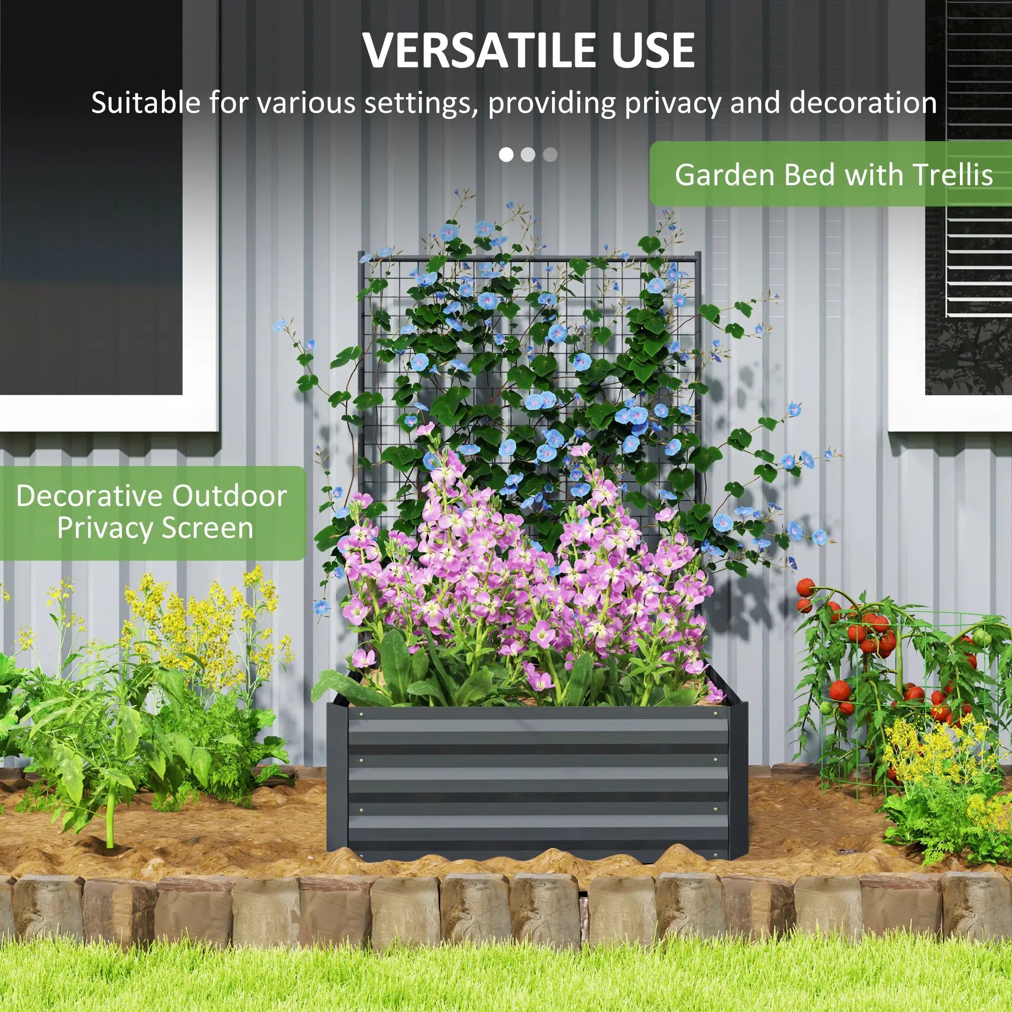 Galvanized Raised Garden Bed, Trellis for Climbing Plants, Dark Grey Raised Garden Beds at Gallery Canada