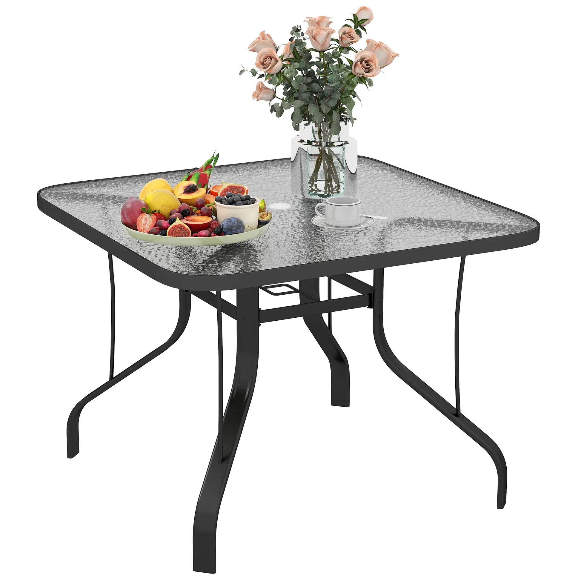 Tempered Glass Square Patio Table, 2.1" Umbrella Hole, 38" x 38" x 28" Patio Dinning Tables at Gallery Canada