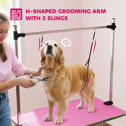 Adjustable Dog Grooming Table with 2 Safety Slings, Storage Basket, Pink Dog Grooming Tables at Gallery Canada