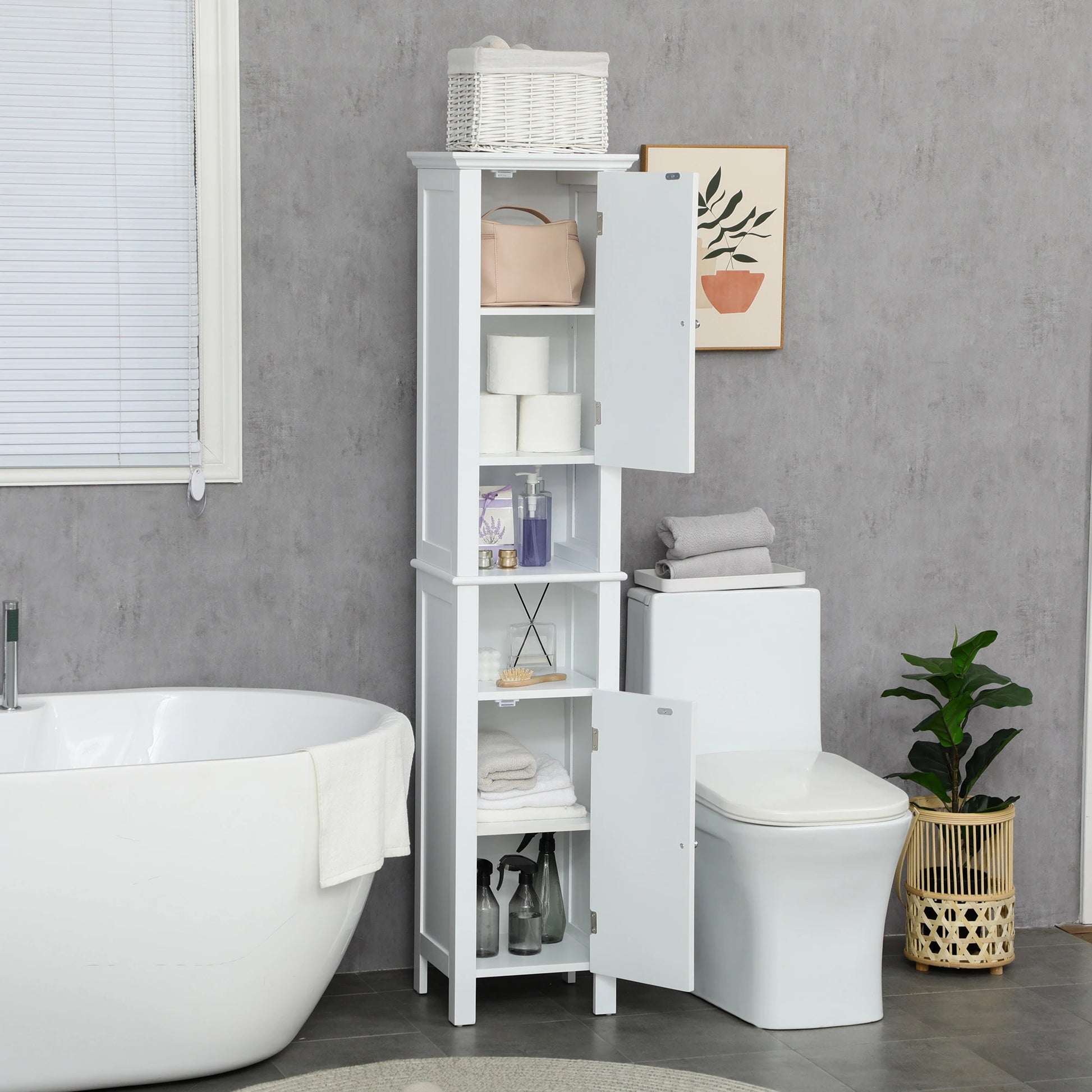 Freestanding Bathroom Cabinet, Open Shelves, 13.8" x 11.8" x 62.4", White Bathroom Cabinets at Gallery Canada