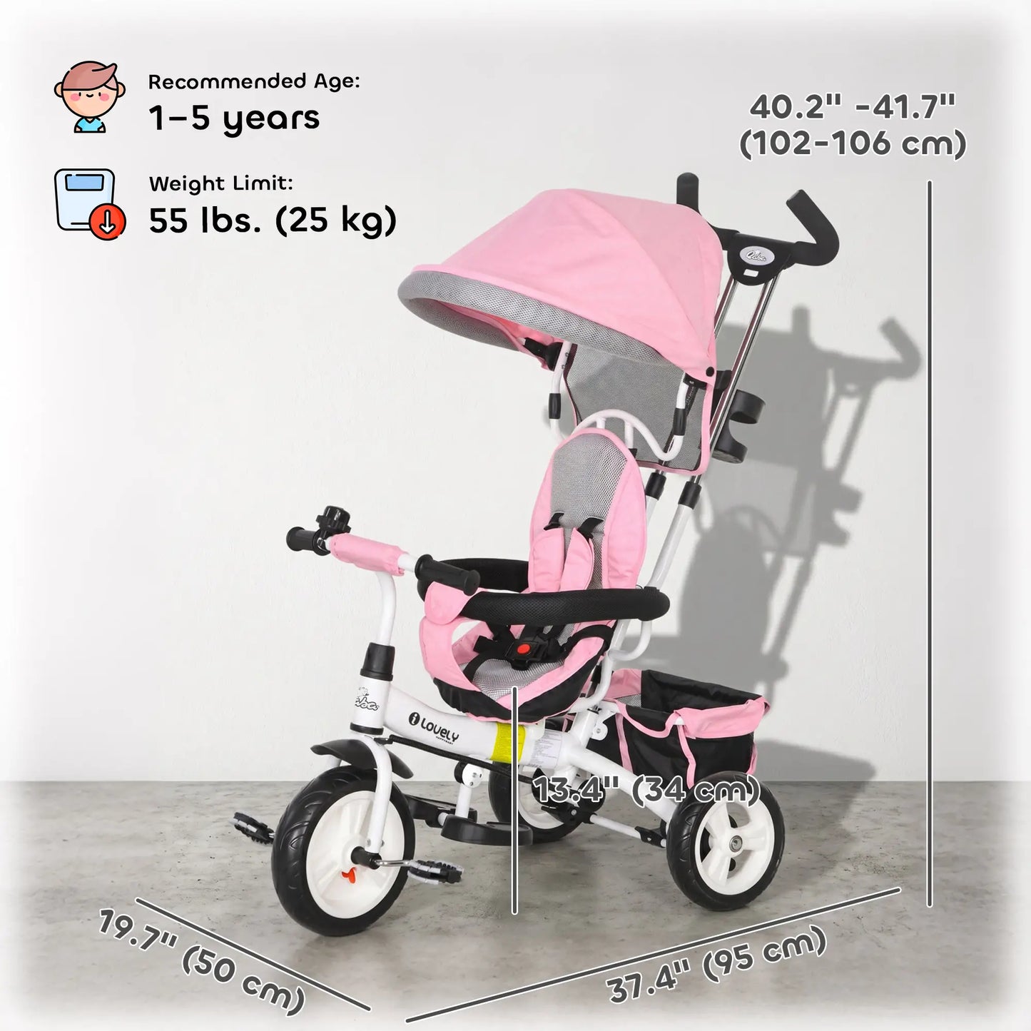 6 In 1 Toddler Tricycle Stroller, With Basket And Canopy, Pink Tricycles for Kids at Gallery Canada
