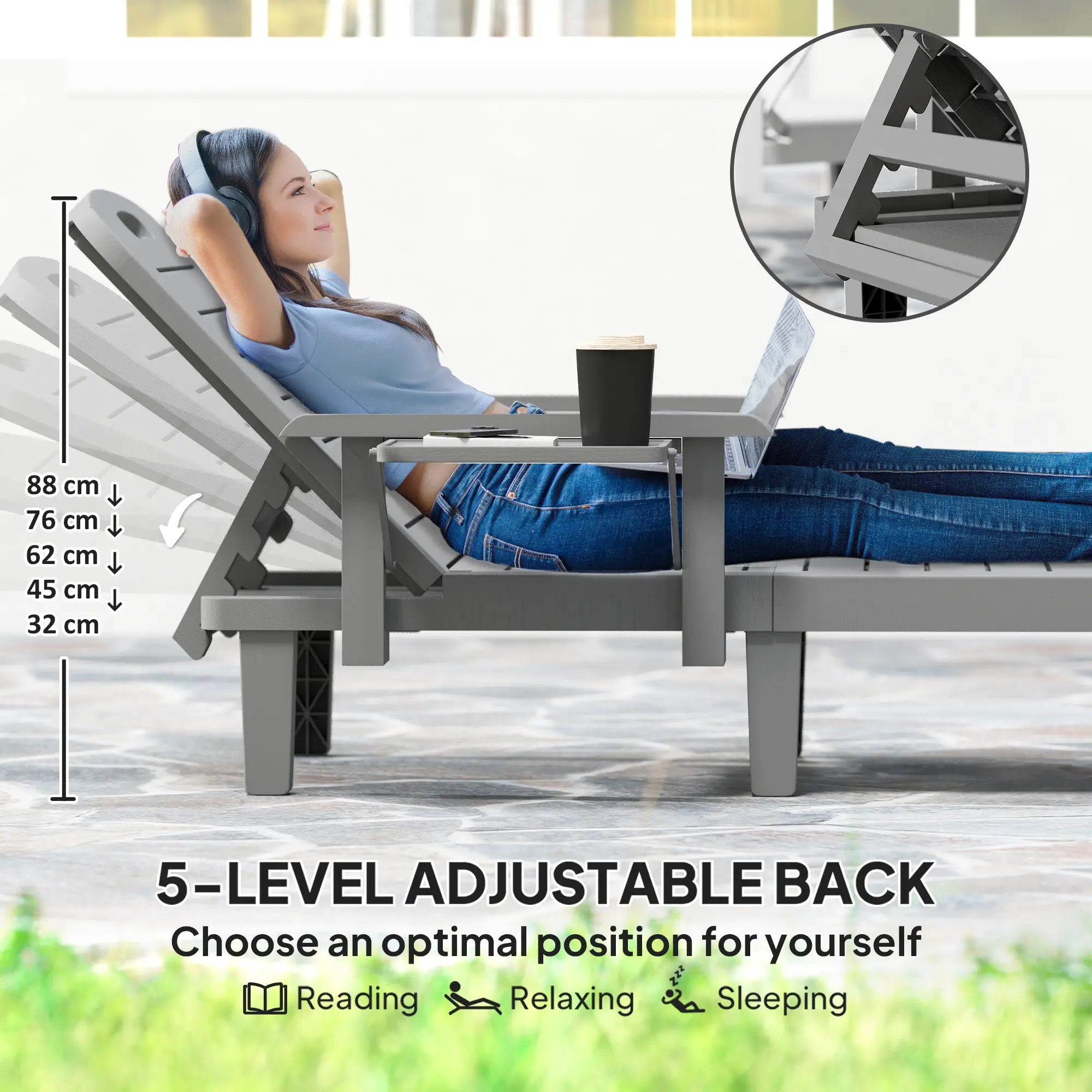 2 Tanning Chairs, 5 Position Adjustable, Foldable Side Table, Dark Grey Lounger Chairs at Gallery Canada