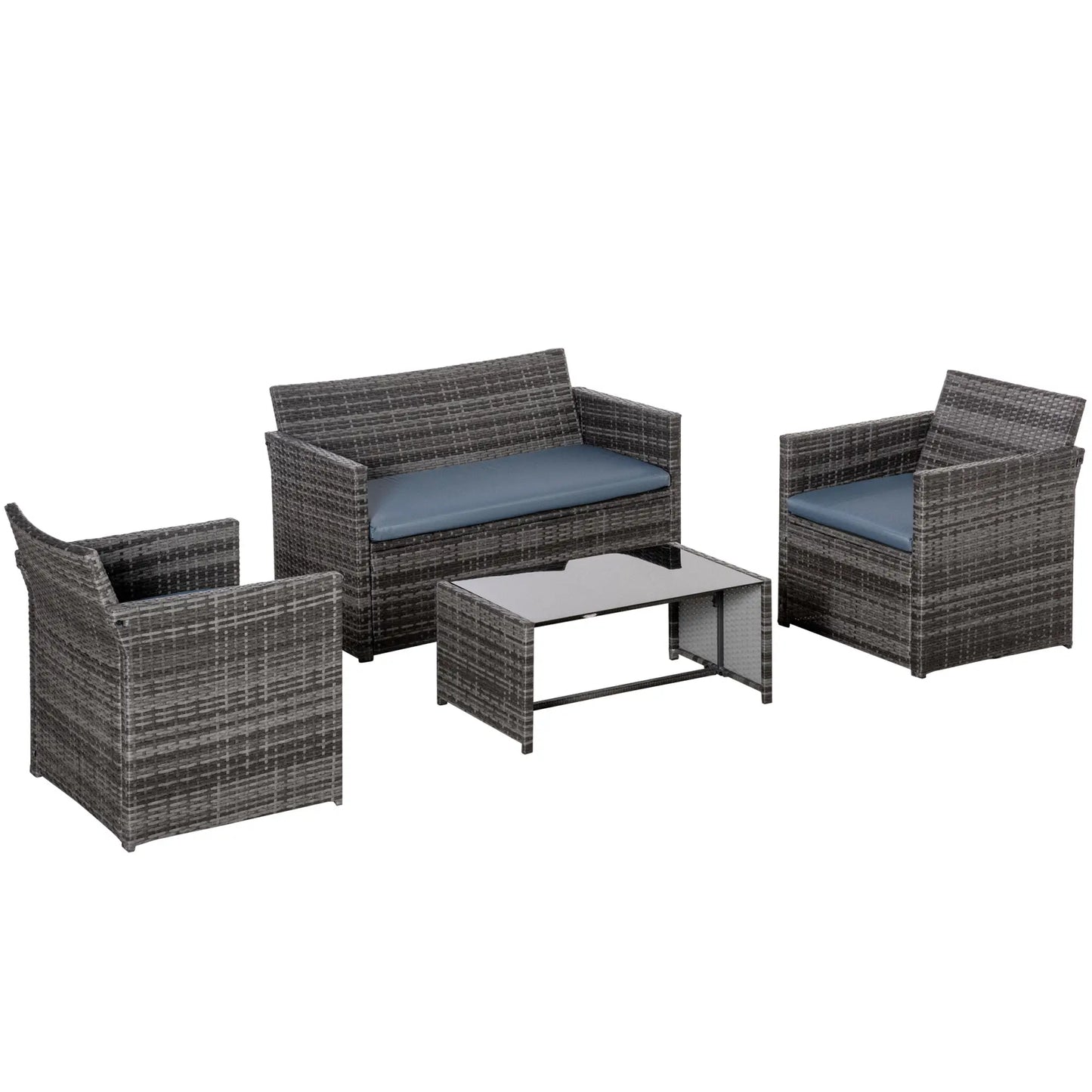 4-Piece Patio Furniture Set with Cushions, Outdoor PE Rattan Sofa, 2 Chairs, Glass Table, Grey Patio Furniture Sets Grey Rattan, Grey Cushion at Gallery Canada