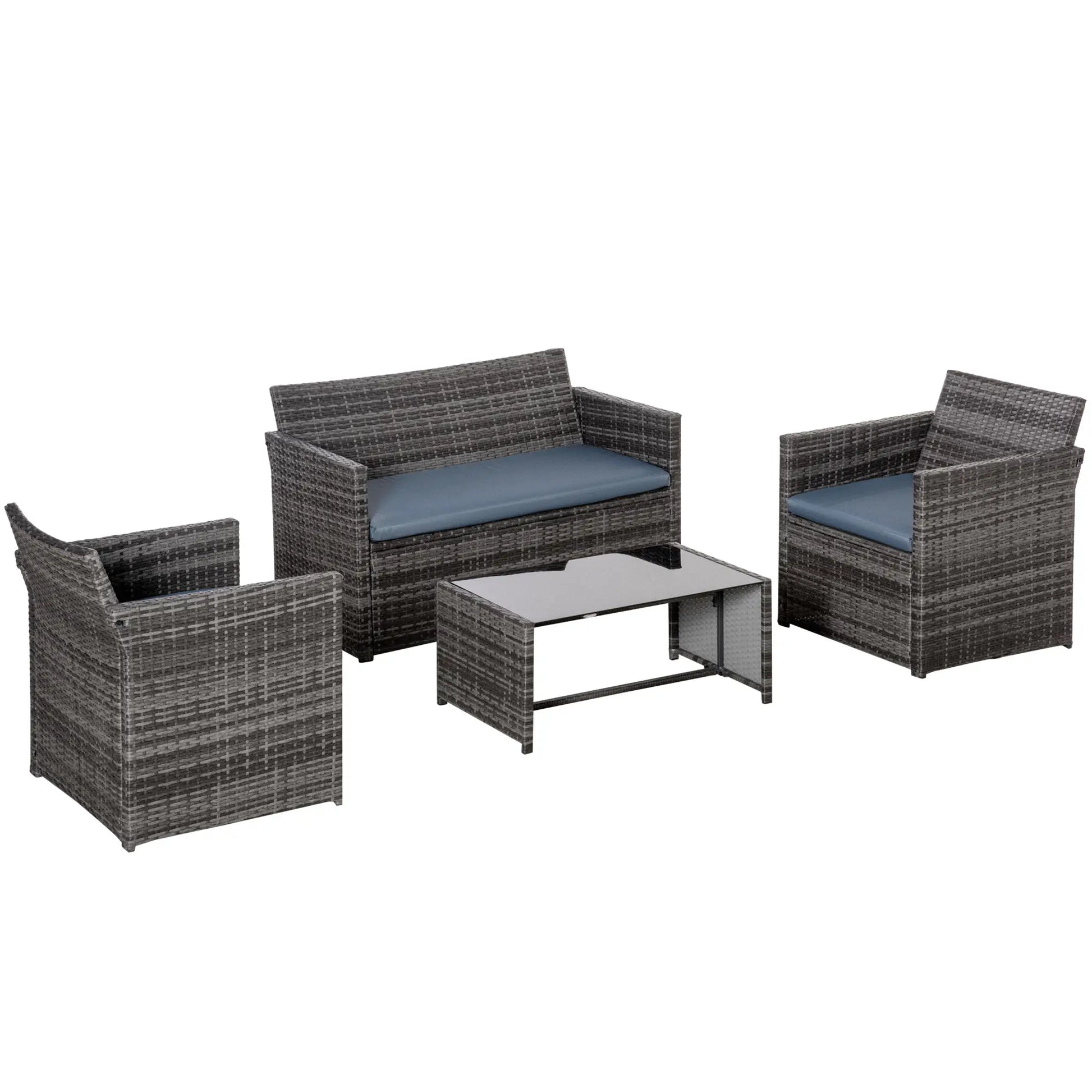 4-Piece Patio Furniture Set with Cushions, Outdoor PE Rattan Sofa, 2 Chairs, Glass Table, Grey Patio Furniture Sets Grey Rattan, Grey Cushion at Gallery Canada