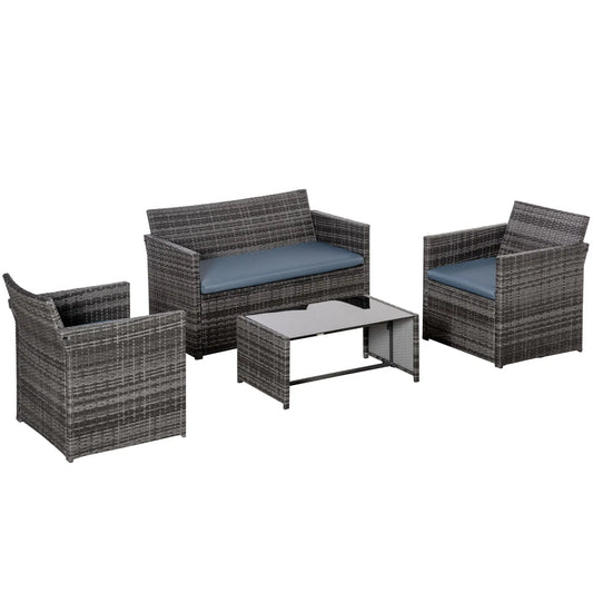 4-Piece Patio Furniture Set with Cushions, Outdoor PE Rattan Sofa, 2 Chairs, Glass Table, Grey Patio Furniture Sets Grey Rattan, Grey Cushion at Gallery Canada