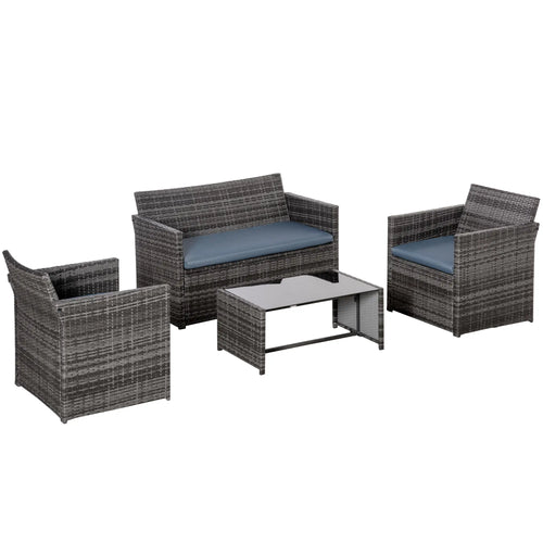 4-Piece Patio Furniture Set with Cushions, Outdoor PE Rattan Sofa, 2 Chairs, Glass Table, Grey