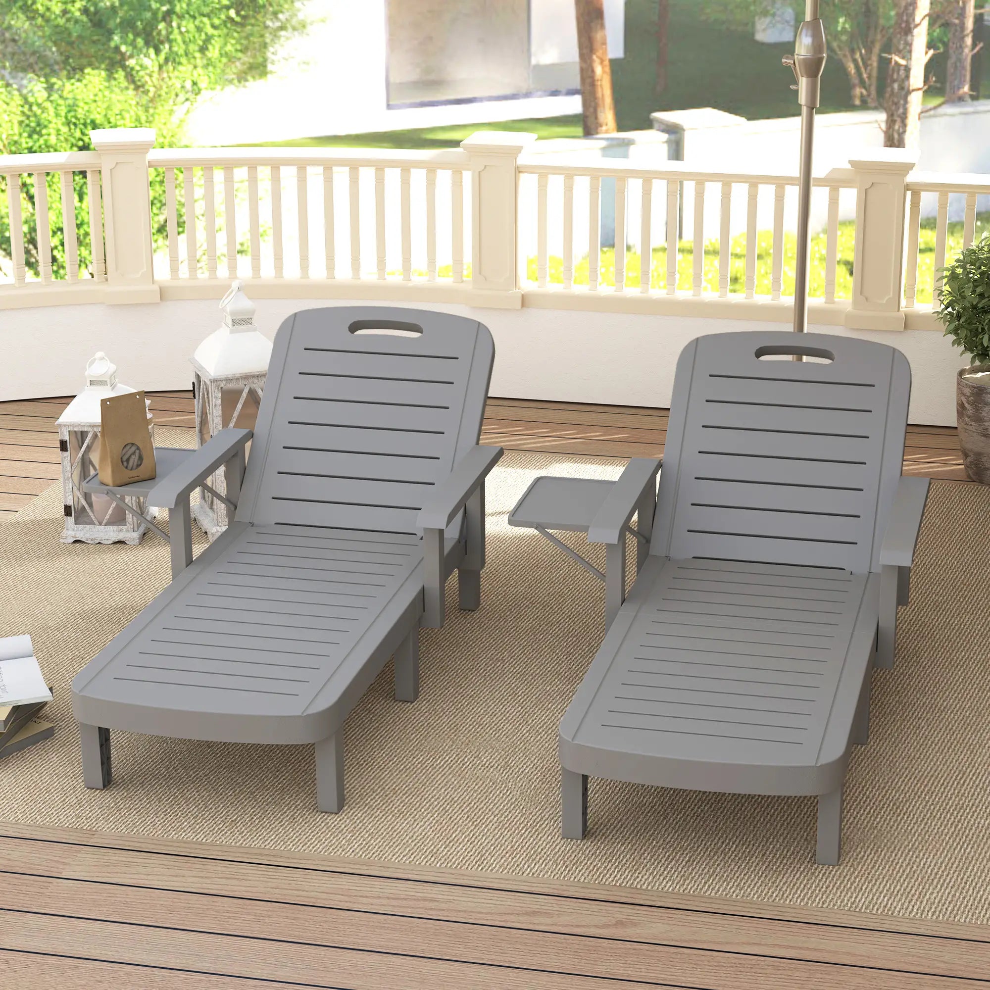 2 Tanning Chairs, 5 Position Adjustable, Foldable Side Table, Dark Grey Lounger Chairs at Gallery Canada