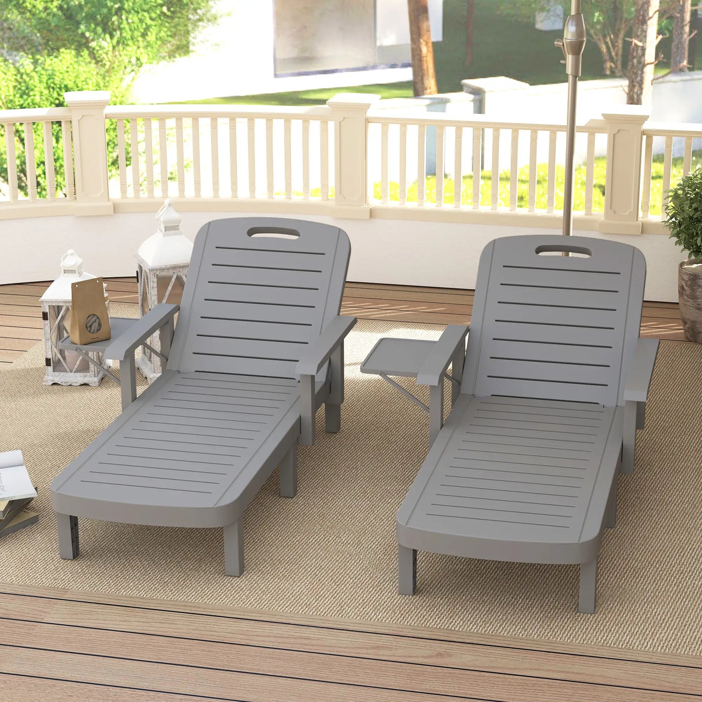 2 Tanning Chairs, 5 Position Adjustable, Foldable Side Table, Dark Grey Lounger Chairs at Gallery Canada