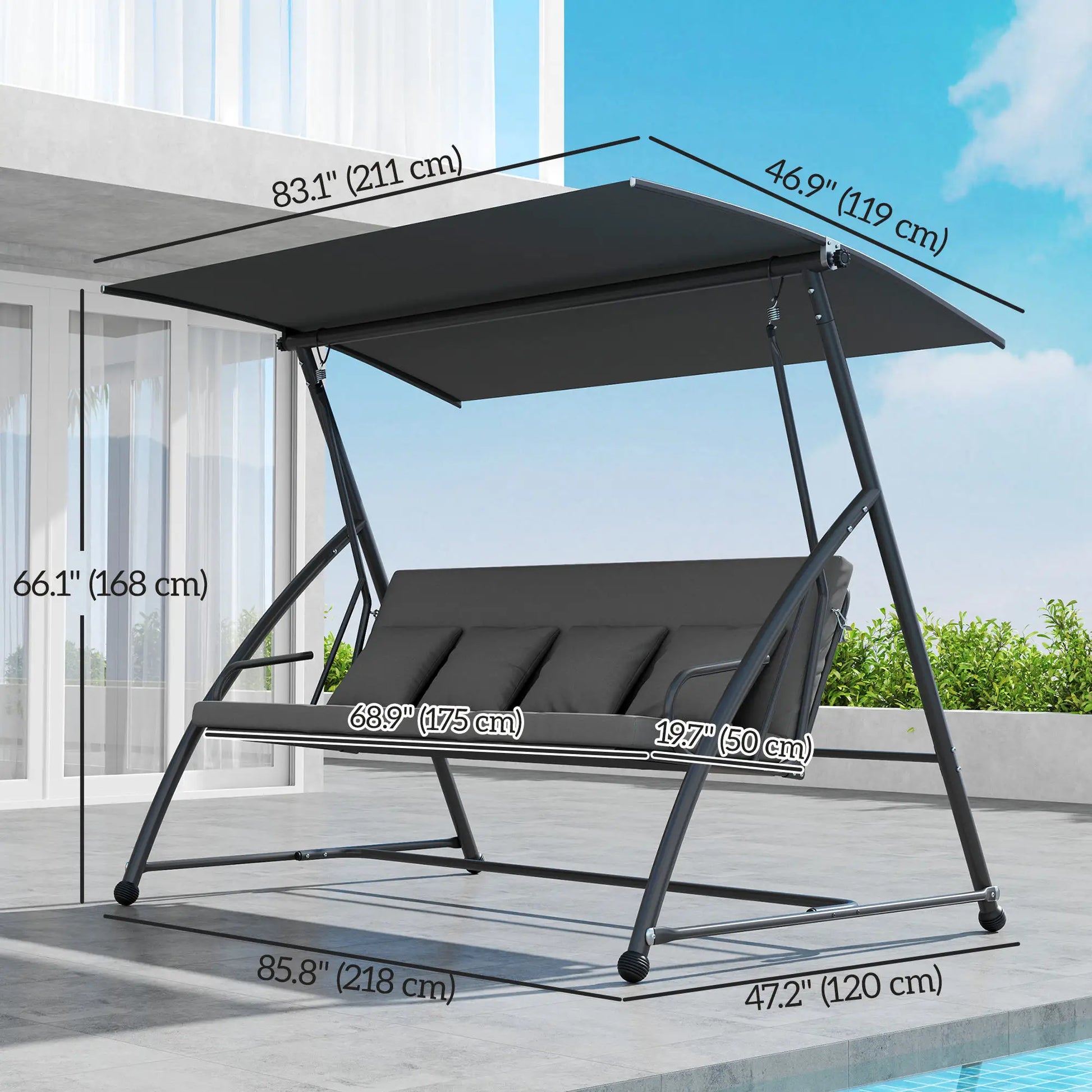 3 Person Patio Swing Chair, Convertible Hammock, Outdoor Lounge Bed, Dark Grey Porch Swings with Canopy at Gallery Canada