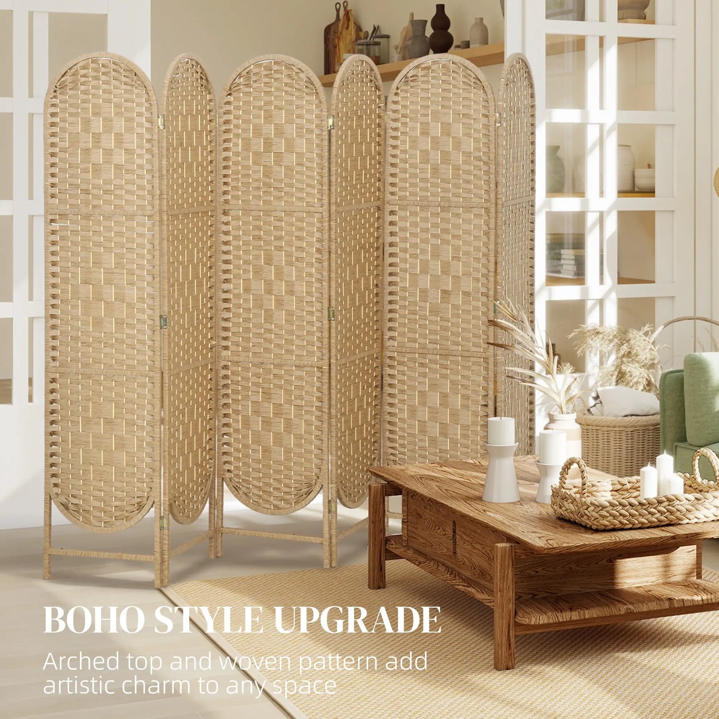 6 Panel Bohemian Privacy Screen, Arched Top Room Divider, Natural Wood Room Dividers at Gallery Canada
