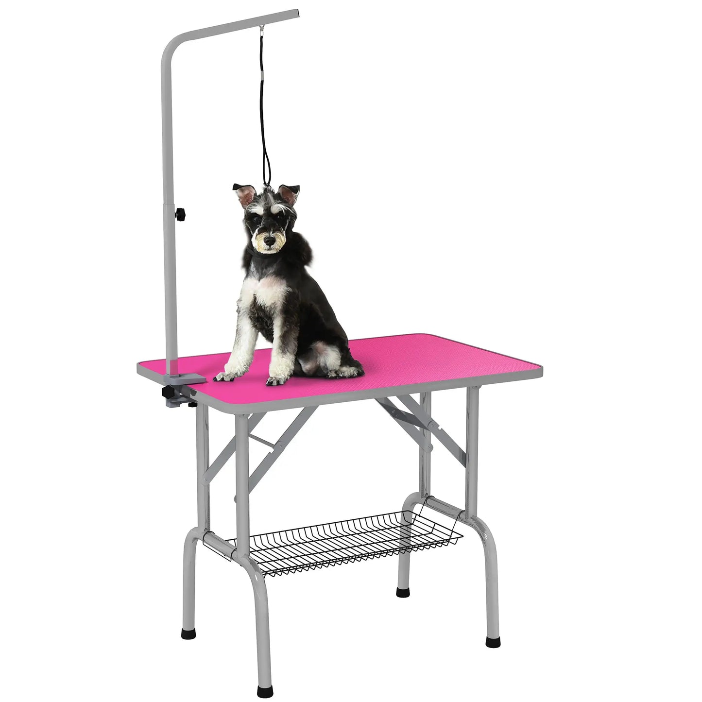 Foldable Dog Grooming Table, Height Adjustable Arm, Storage Shelf, Pink Dog Grooming Tables Pink, Silver at Gallery Canada