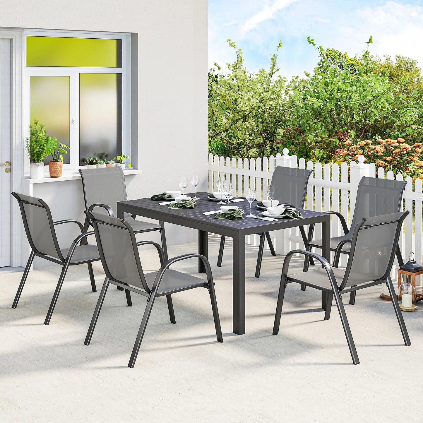 7-Piece Outdoor Dining Set, Rectangular Table, Stackable Chairs, Light Grey Outdoor Dining Sets at Gallery Canada