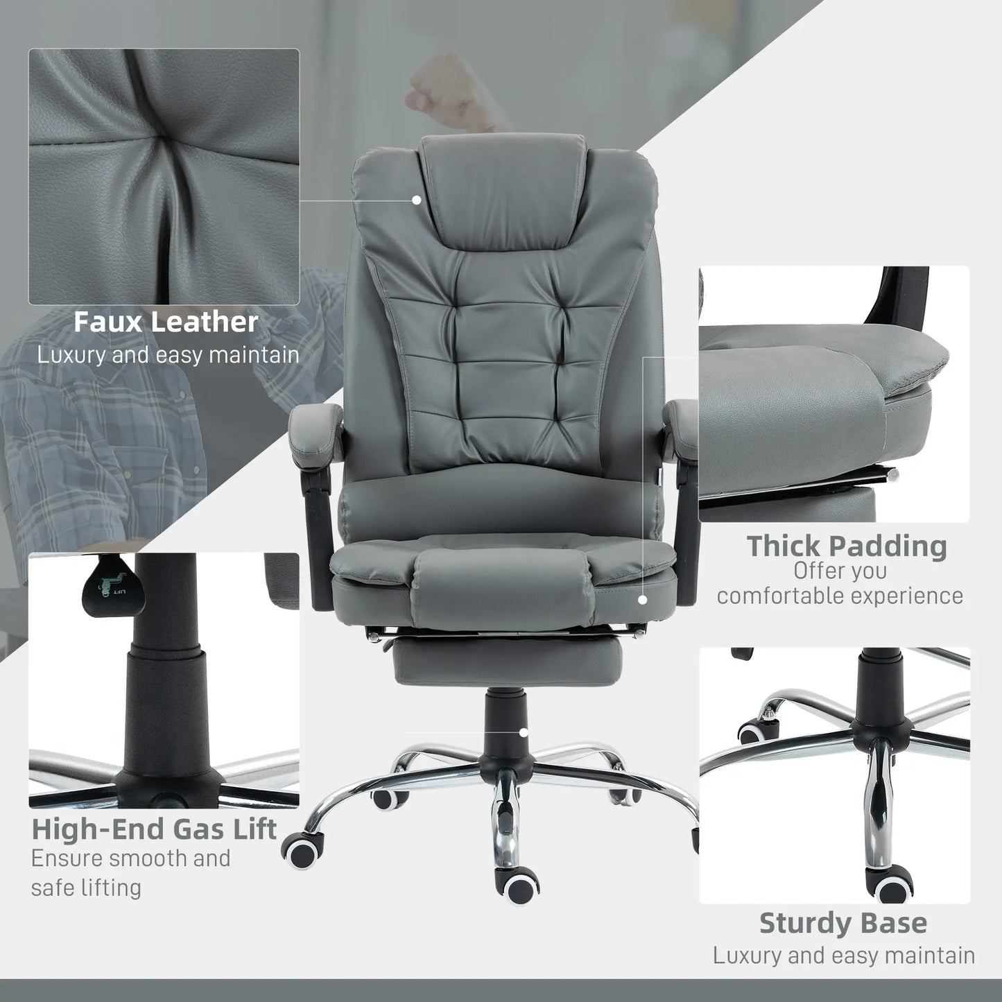 High Back PU Leather Office Chair, Retractable Footrest, Padded Armrest, Grey Executive & Manager Chairs at Gallery Canada