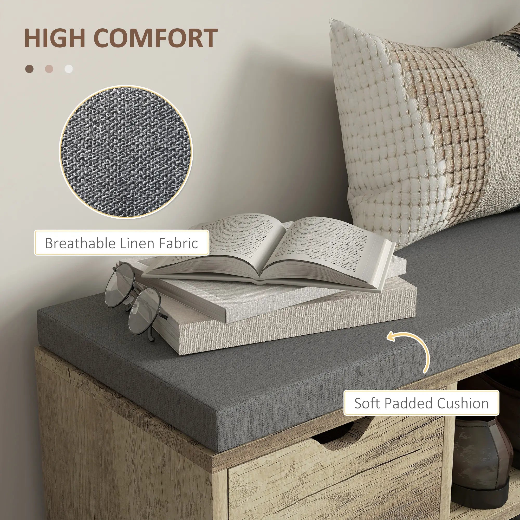 Upholstered Shoe Storage Bench With Seat, Drawer, Open Shelves, Grey Shoe Storage Cabinets & Racks at Gallery Canada