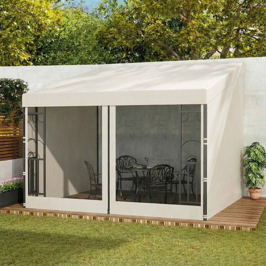 10' x 10' Wall Pergola, Outdoor Gazebo, 2 Curtains, 2 Nettings, Beige