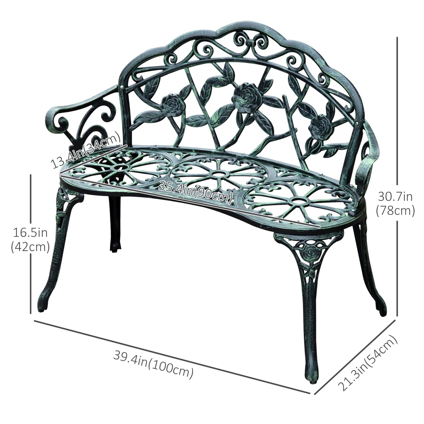 40" Outdoor Garden Bench, Cast Aluminum Antique Rose, Green Outdoor Benches at Gallery Canada