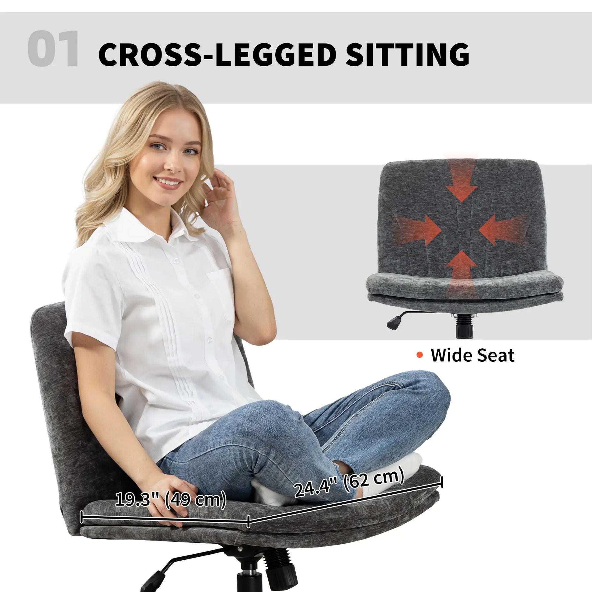 Criss Cross Chair with Wheels, Wide Office Chair, Adjustable Height, Tilting, Grey Task Chairs at Gallery Canada