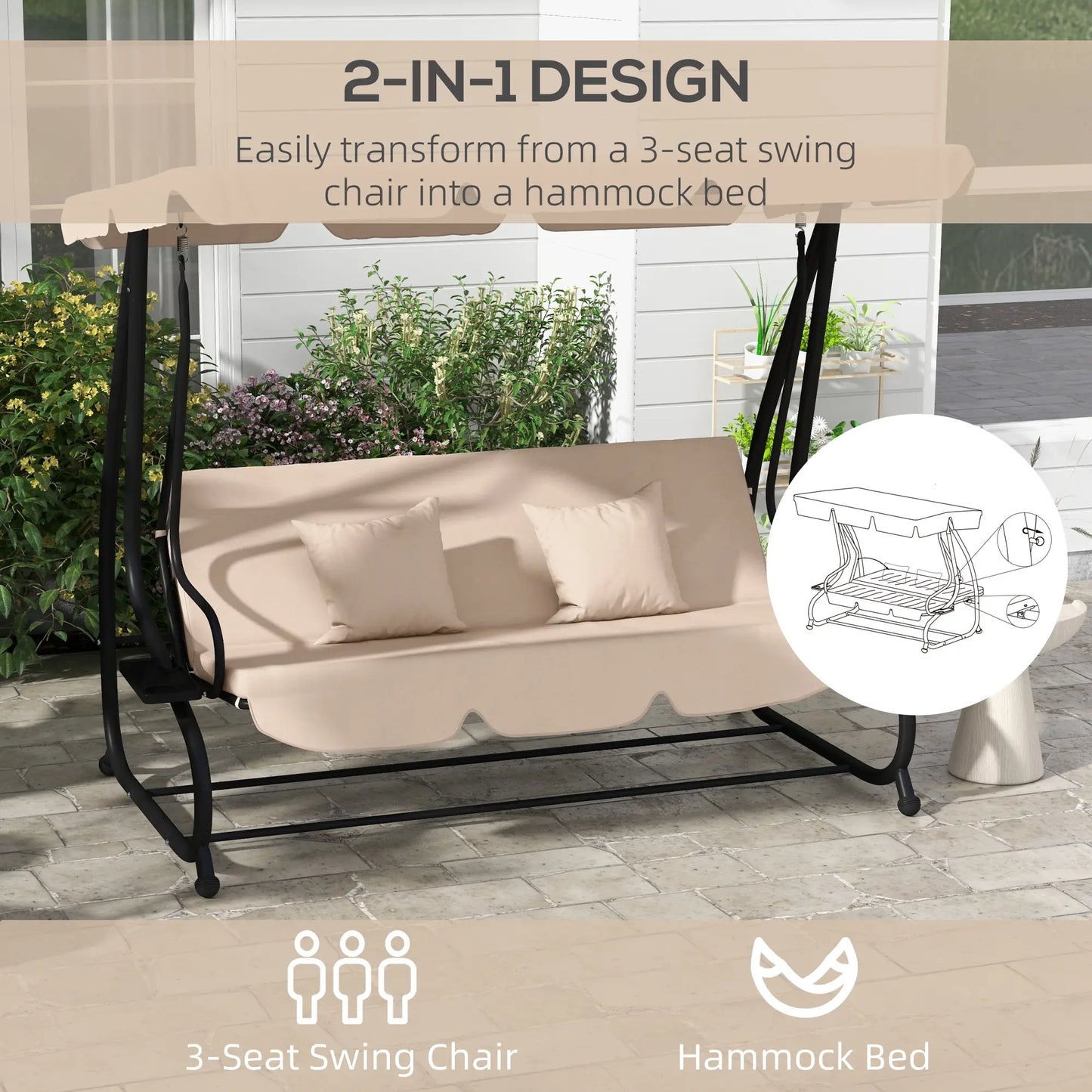3-Seat Outdoor Swing Chair, Adjustable Canopy, Removable Cushions, Light Brown Porch Swings with Canopy at Gallery Canada