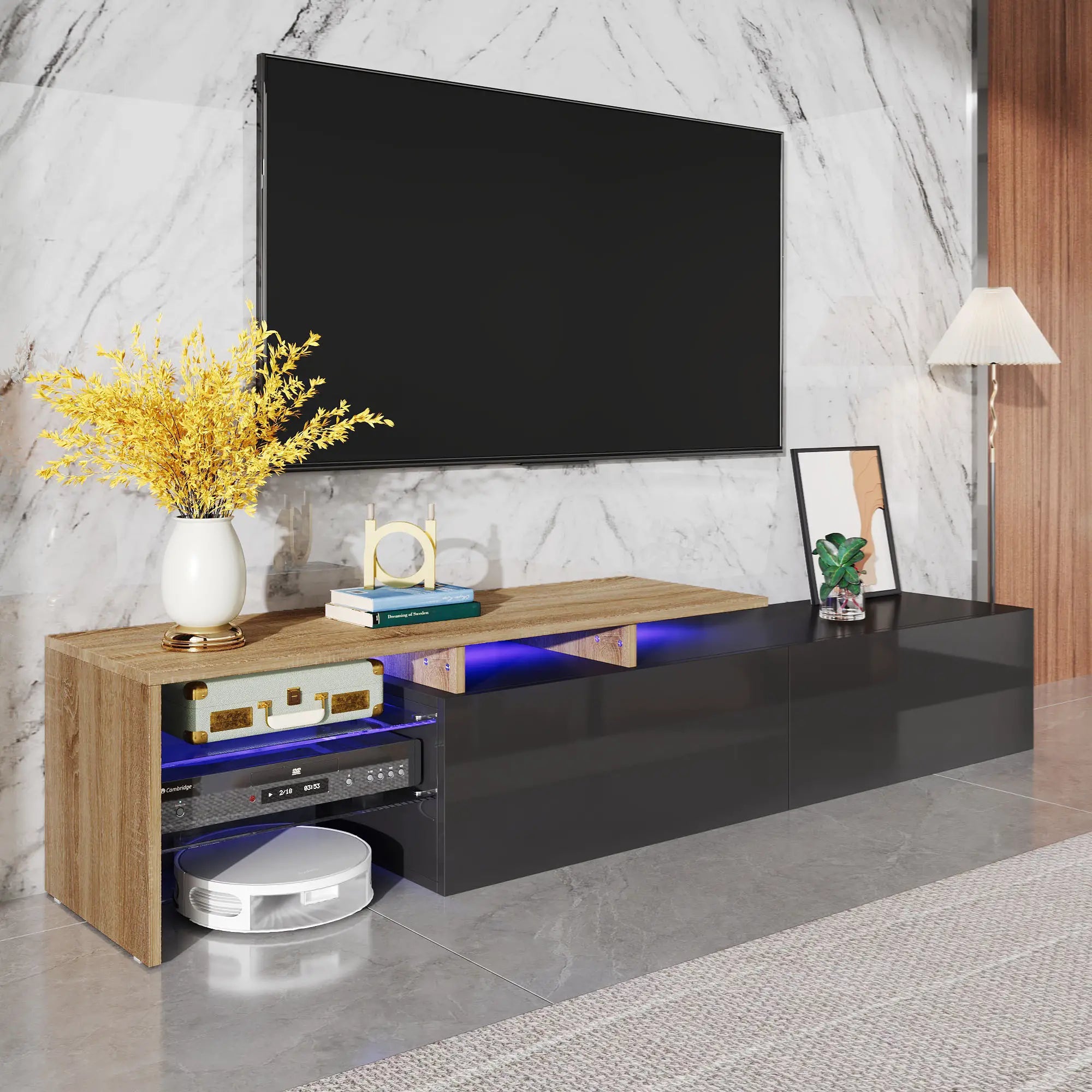 TV Cabinet With Glass Shelves, LED Lighting, 67