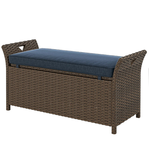 29 Gallon Wicker Deck Box, Outdoor Storage Bench, Navy Blue