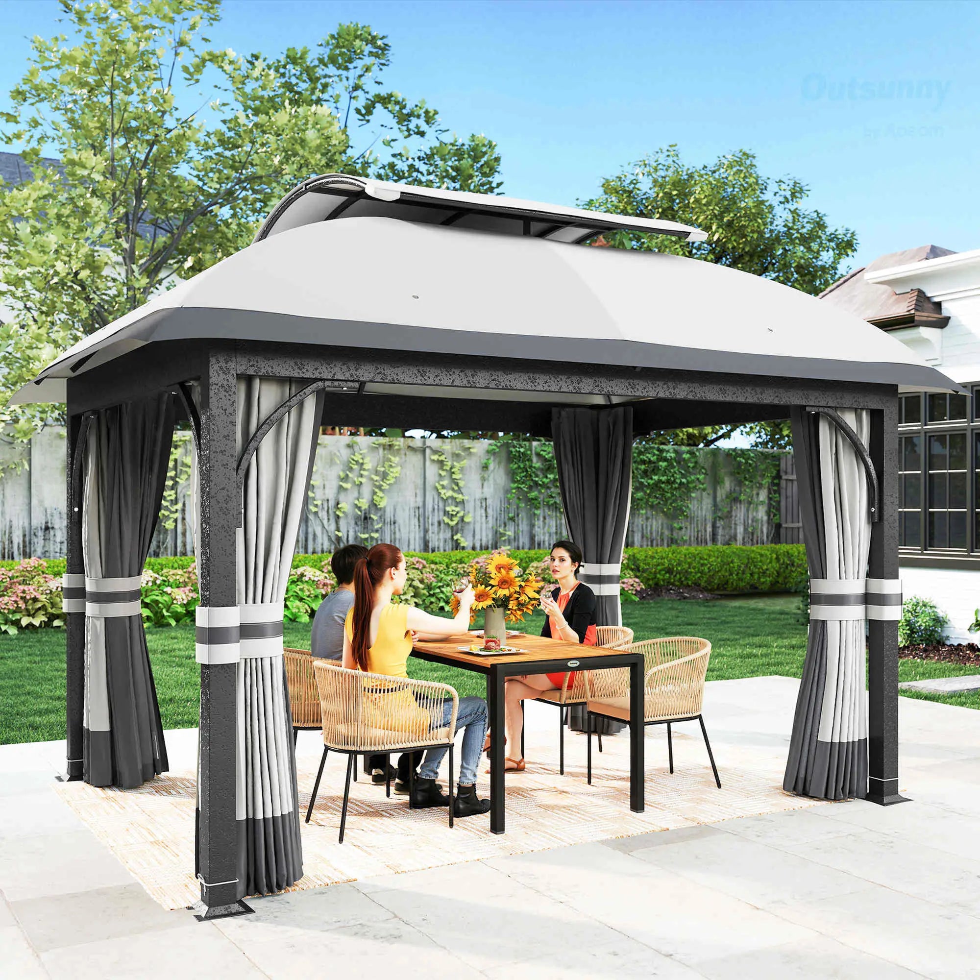 11' x 13' Patio Gazebo, Double Roof Canopy with Netting, Light Grey Gazebos at Gallery Canada