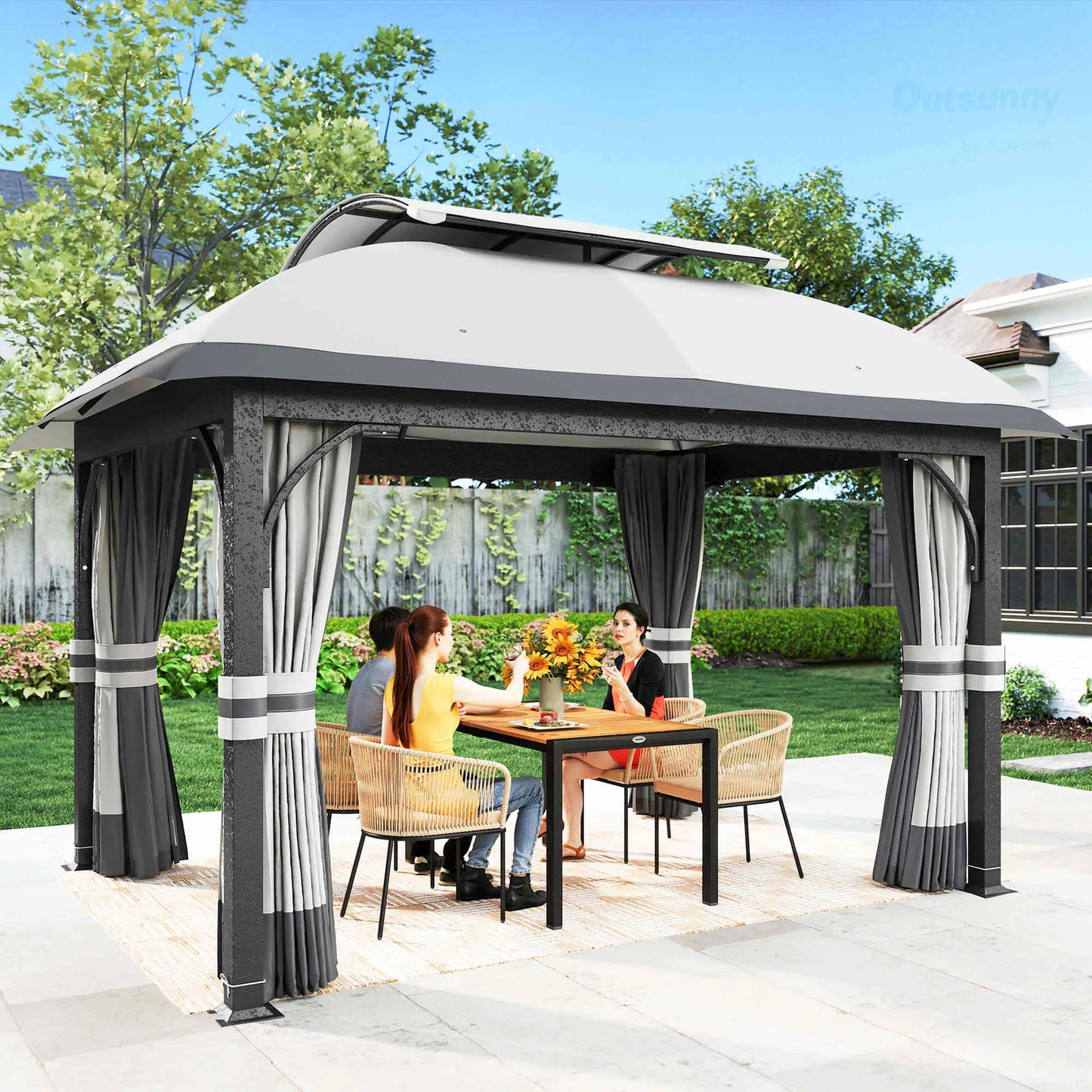 11' x 13' Patio Gazebo, Double Roof Canopy with Netting, Light Grey Gazebos at Gallery Canada