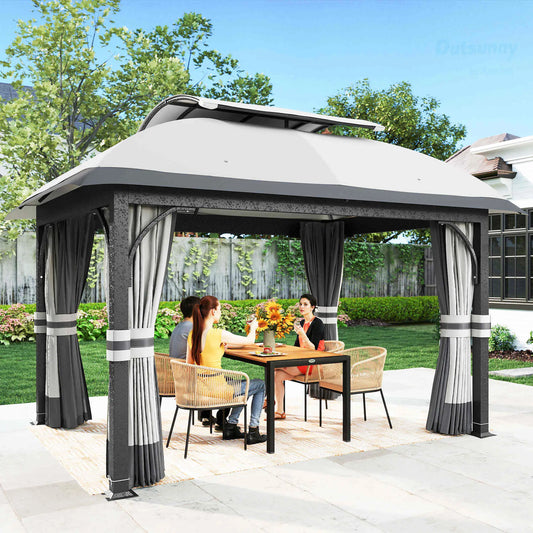 11' x 13' Patio Gazebo, Double Roof Canopy with Netting, Light Grey Gazebos Light Grey at Gallery Canada