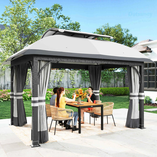 11' x 13' Patio Gazebo, Double Roof Canopy with Netting, Light Grey