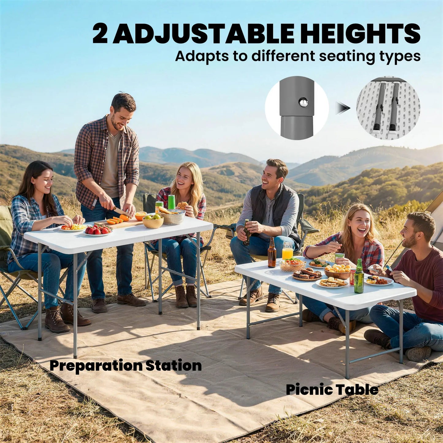 47" x 24" Folding Camping Table, White, Adjustable Height, Indoor Outdoor, White Picnic Tables & Camping Chairs at Gallery Canada