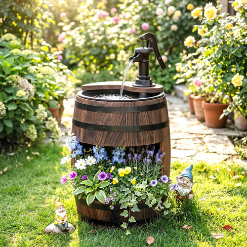 Wooden Outdoor Fountain, Electrical Barrel Waterfall, 3600r/min Pump, Carbonized