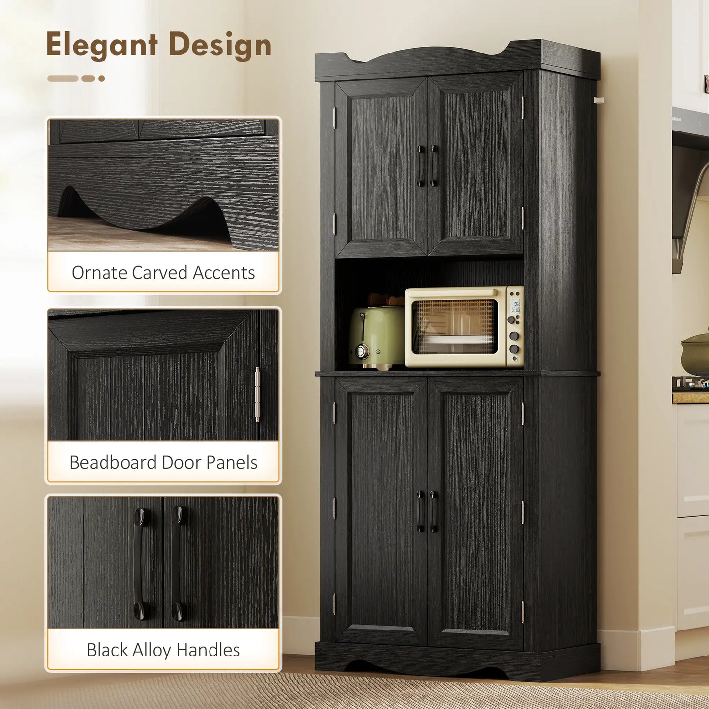 73 Inch Kitchen Pantry Cabinet, Freestanding Hutch, 12 Shelves, Black Kitchen Pantry Cabinets at Gallery Canada