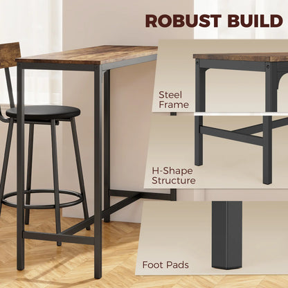 Bar Table Set With 2 Counter Height Barstools, Rustic Brown