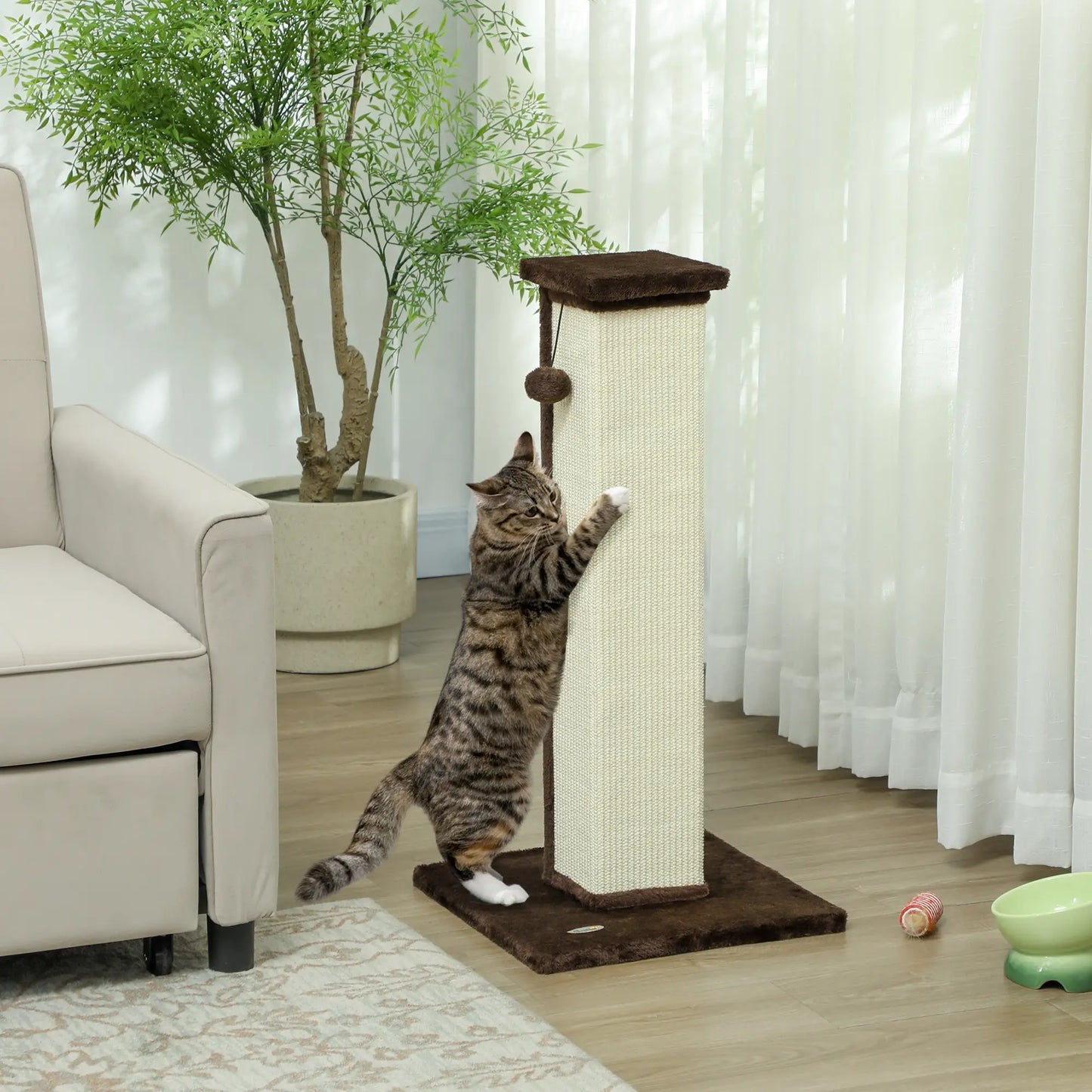 32" Tall Cat Scratching Post, Sisal Scratcher with Hanging Ball, Brown Cat Posts at Gallery Canada