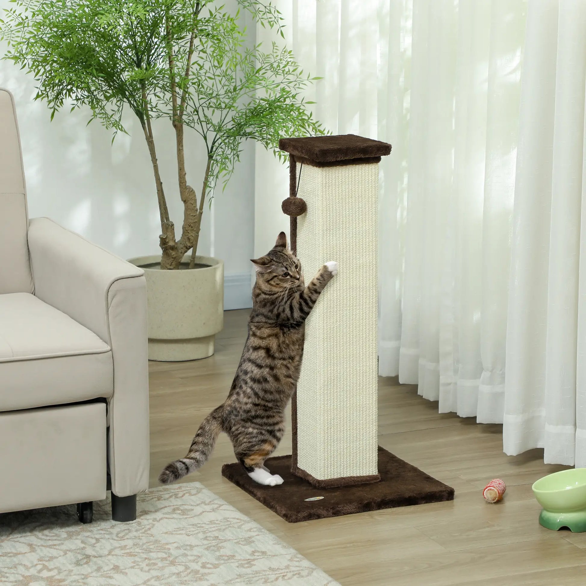 32" Tall Cat Scratching Post, Sisal Scratcher with Hanging Ball, Brown Cat Posts at Gallery Canada