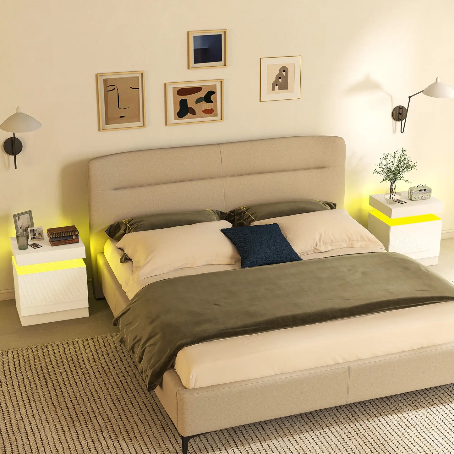 Nightstand Set of 2, LED Lights, 2 Drawers, White Bedside Tables at Gallery Canada