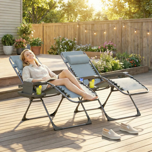 Zero Gravity Chair Set Of 2, Folding Reclining Outdoor Lounge Chair, Light Grey