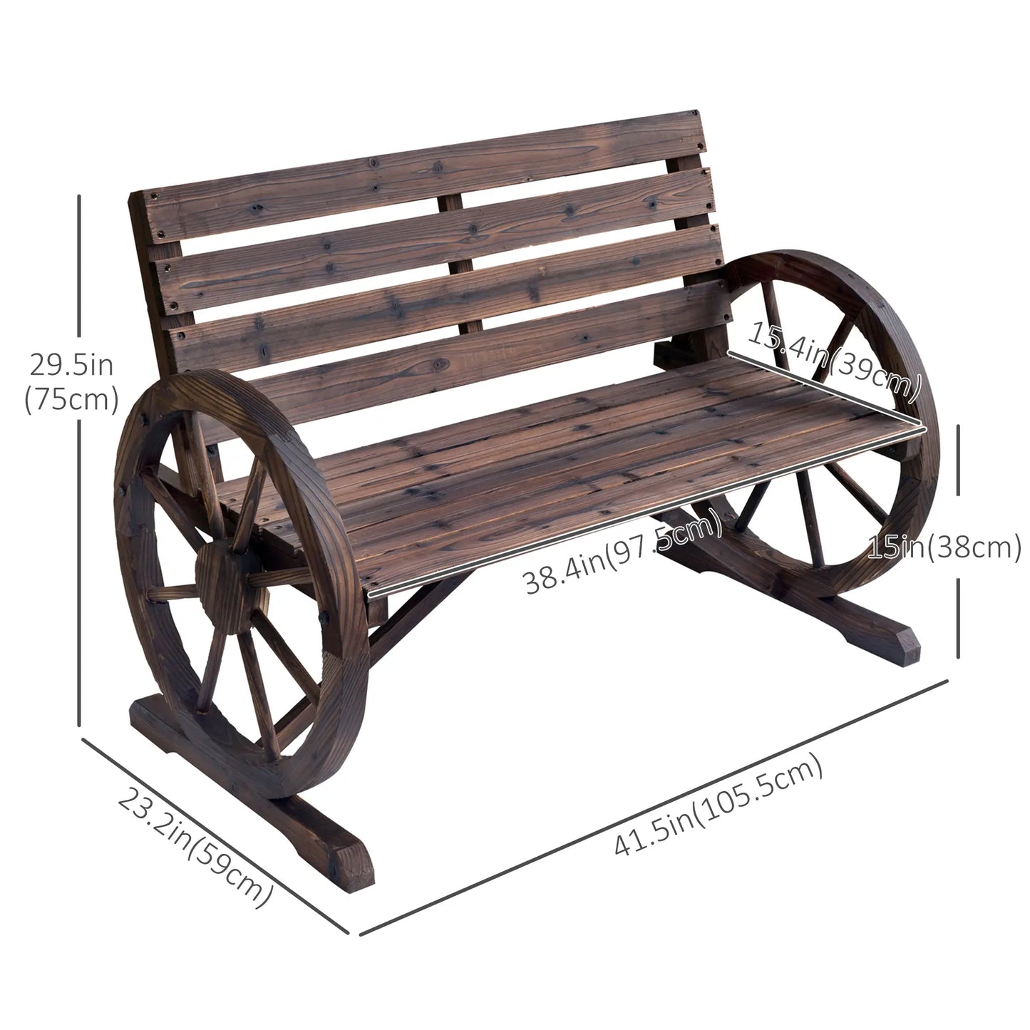 42" Wood Wagon Wheel Bench, Rustic Garden Loveseat, Brown Outdoor Benches at Gallery Canada