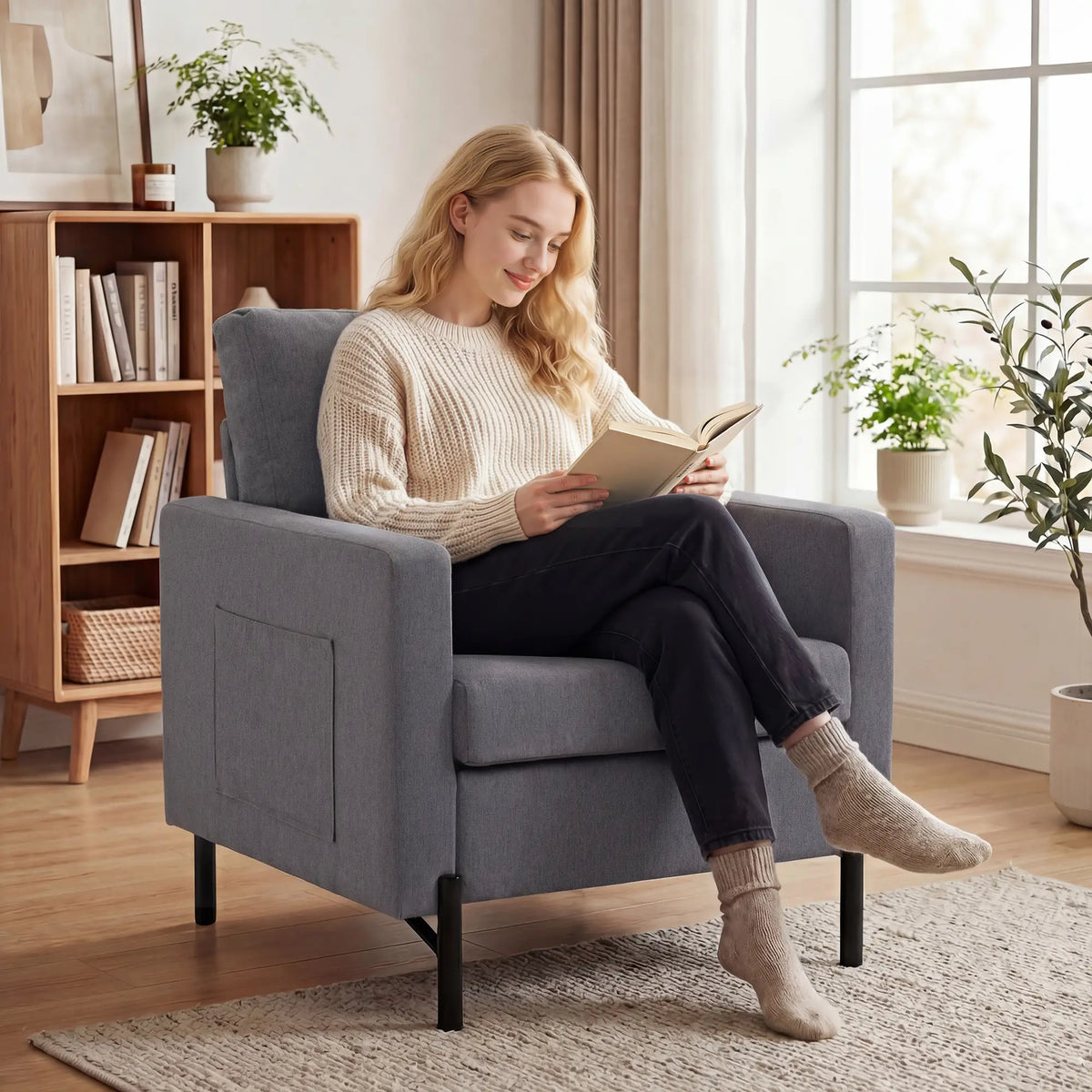 Modern Upholstered Armchair With Side Pockets, Cushion, Dark Grey Accent Chairs at Gallery Canada
