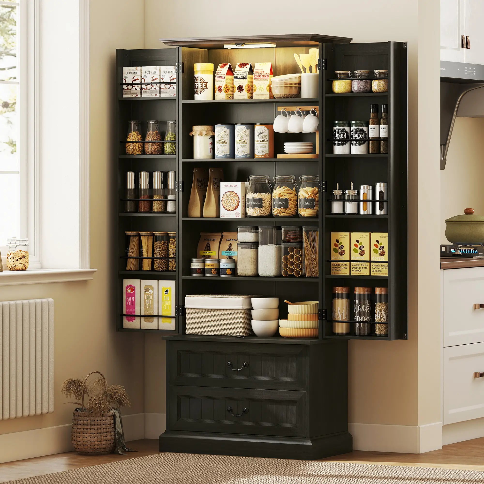 72 Inch LED Kitchen Pantry Cabinet, 10 Shelves, 2 Drawers, Black Kitchen Pantry Cabinets at Gallery Canada