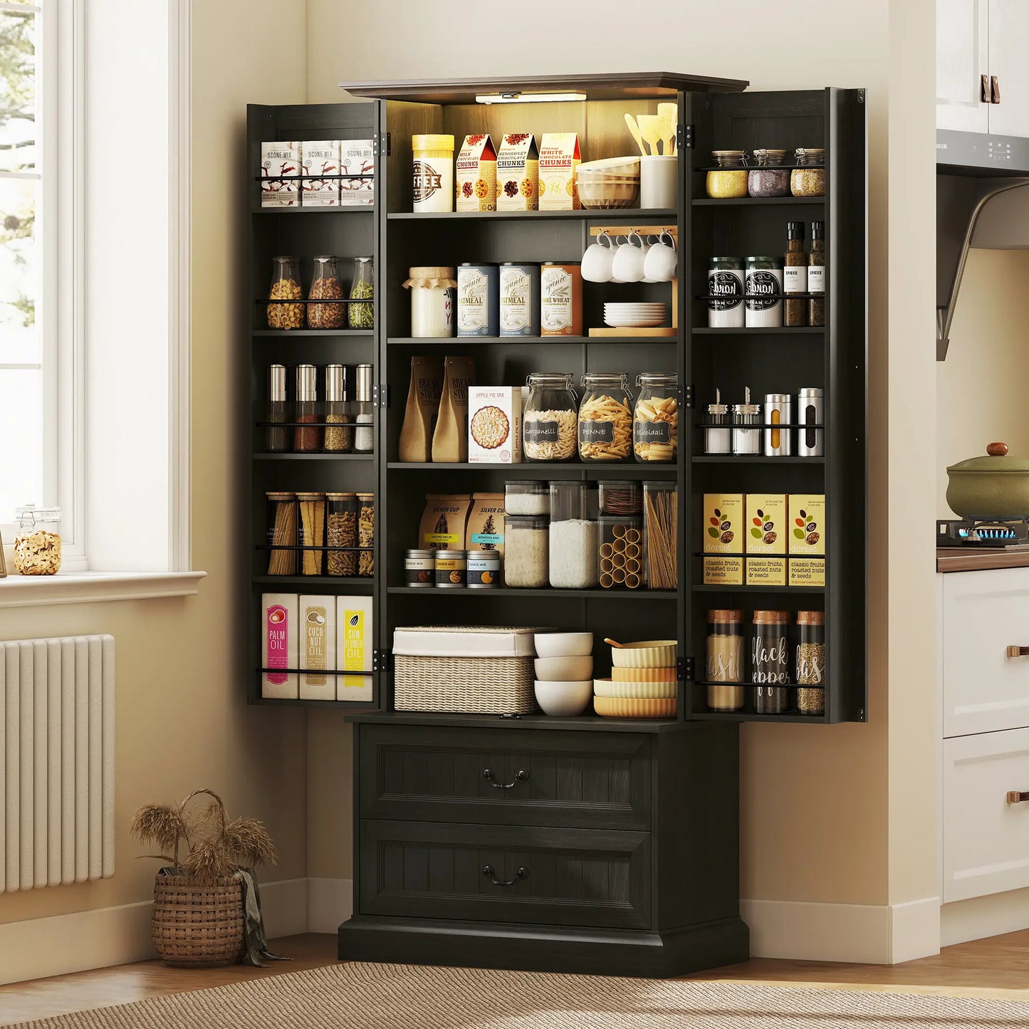 72 Inch LED Kitchen Pantry Cabinet, 10 Shelves, 2 Drawers, Black Kitchen Pantry Cabinets at Gallery Canada