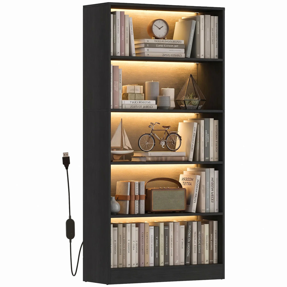 5-Tier Bookshelf With LED Lights, Cable Holes, Black Wood Grain