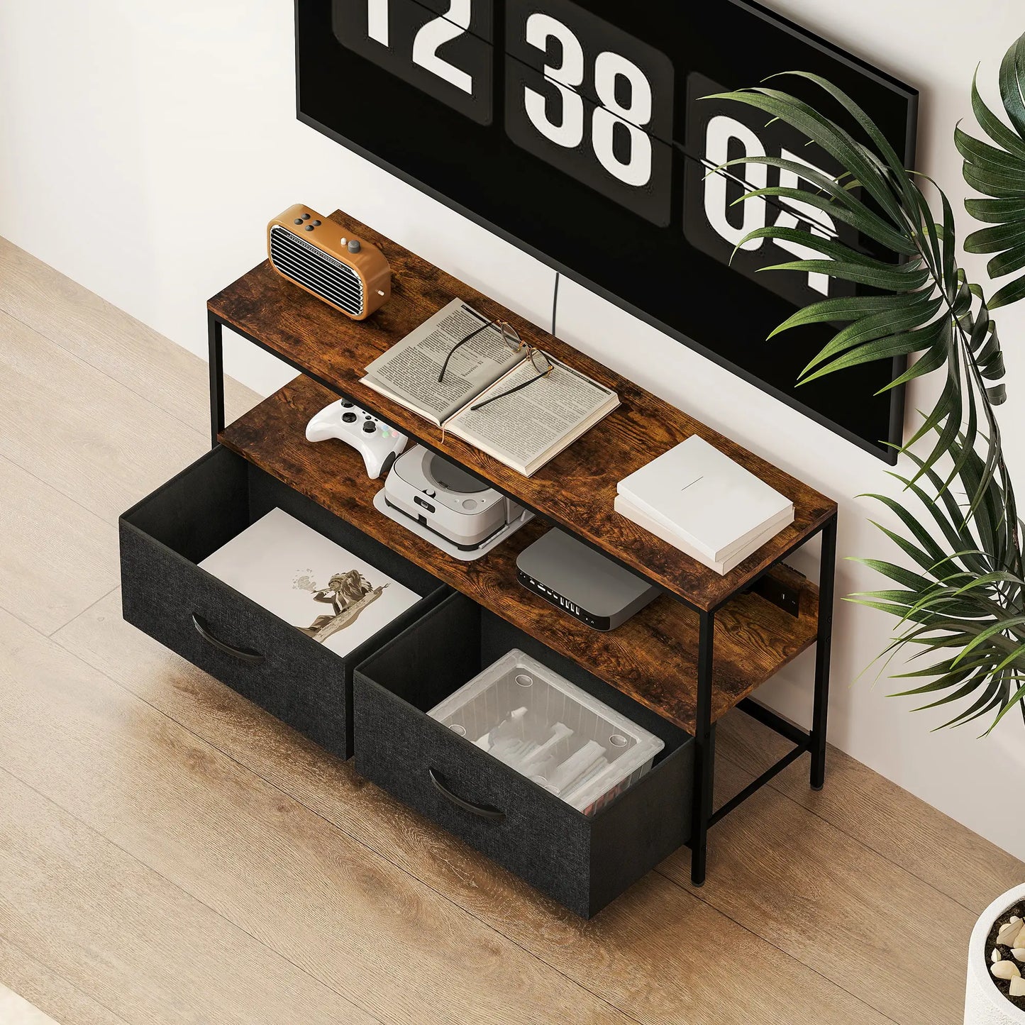 TV Stand With Charging Station, 2 Foldable Linen Drawers, Open Shelf, 47 Inch, Rustic Brown, Brown TV Stands at Gallery Canada