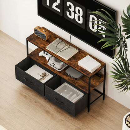 TV Stand With Charging Station, 2 Foldable Linen Drawers, Open Shelf, 47 Inch, Rustic Brown, Brown TV Stands at Gallery Canada