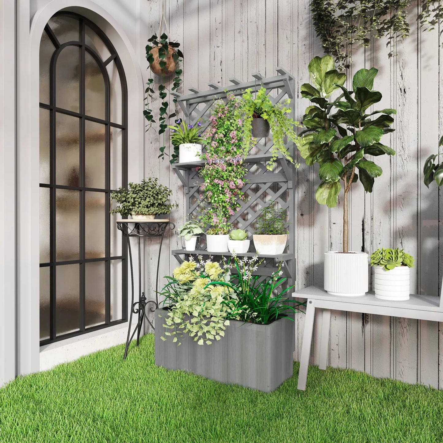 Raised Garden Bed, Wooden Planter with Trellis, Grey Raised Garden Beds at Gallery Canada