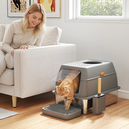 XL Stainless Steel Cat Litter Box, 80L with Front Top Entry, Trapping Step, Scoop, for Large Cats Cat Litter Box Enclosures at Gallery Canada