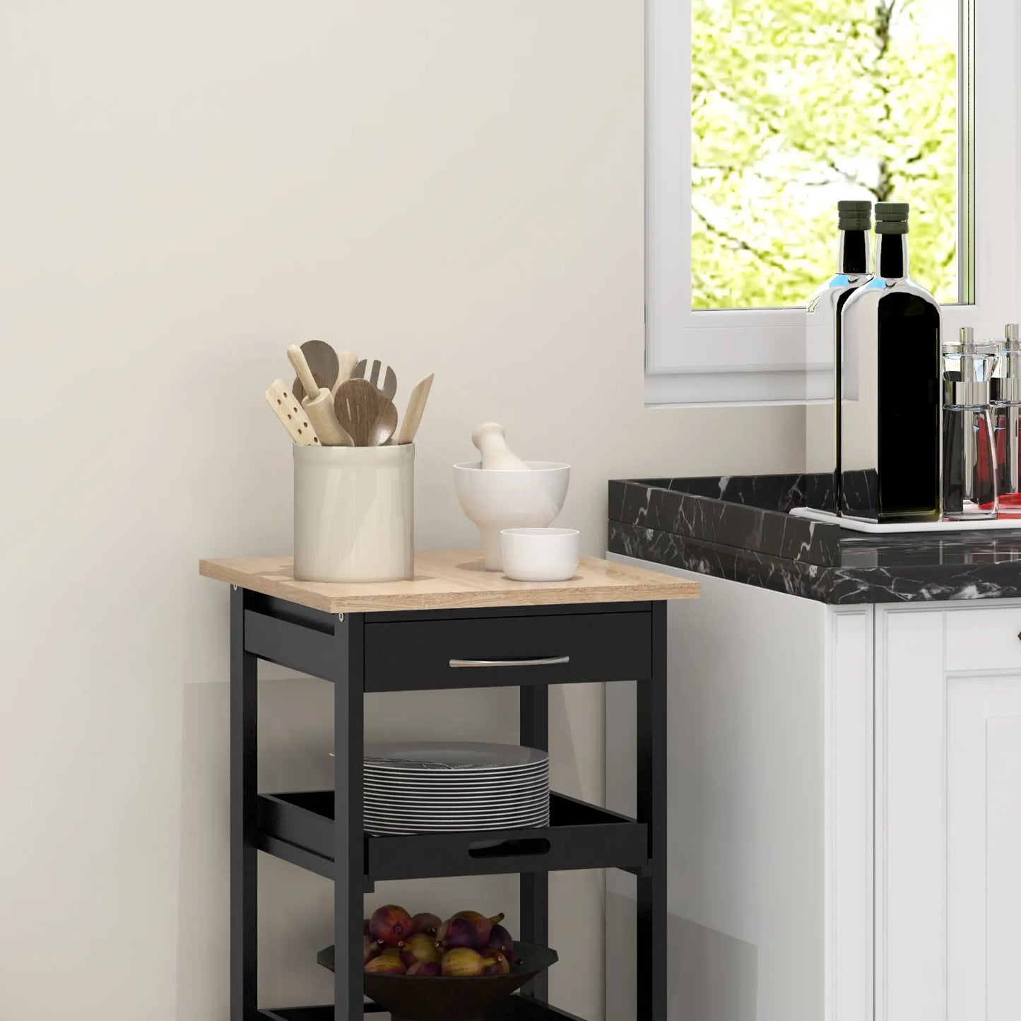 Kitchen Island Rolling Trolley, Utility Serving Cart with Drawer, Black Kitchen Islands & Kitchen Carts at Gallery Canada