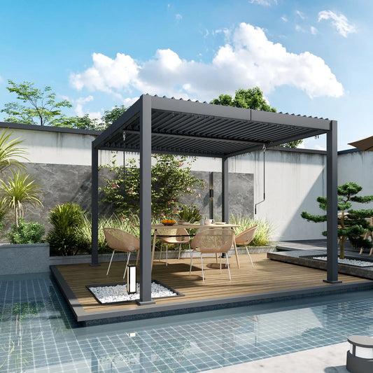 10' x 10' Adjustable Metal Roof Pergola, Aluminum Frame, Drainage System Pergolas Dark Grey at Gallery Canada