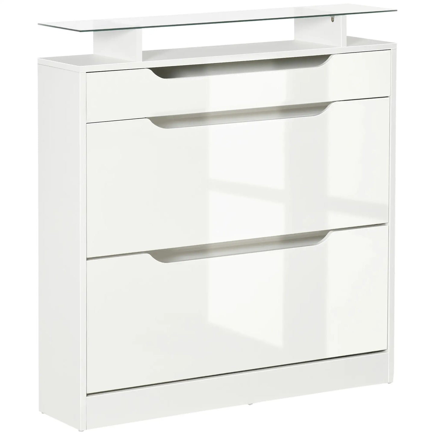 High Gloss Shoe Cabinet, 2 Flip Drawers, Adjustable Shelves, Glass Top, White Shoe Storage Cabinets & Racks at Gallery Canada