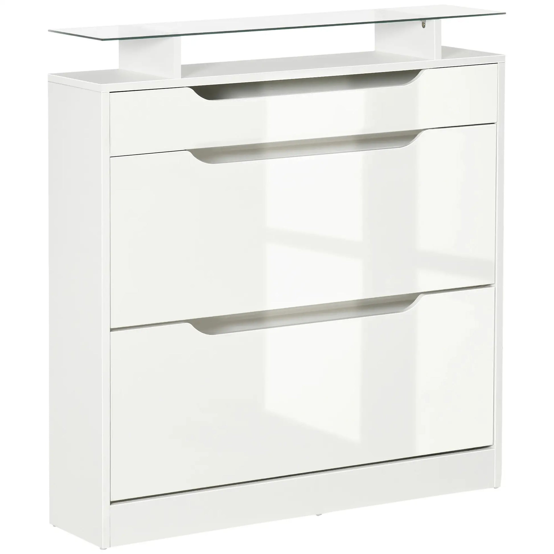 High Gloss Shoe Cabinet, 2 Flip Drawers, Adjustable Shelves, Glass Top, White Shoe Storage Cabinets & Racks at Gallery Canada